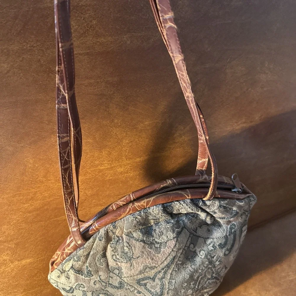 Vintage Brown Floral Tapestry Shoulder Bag Brown Leather Trim